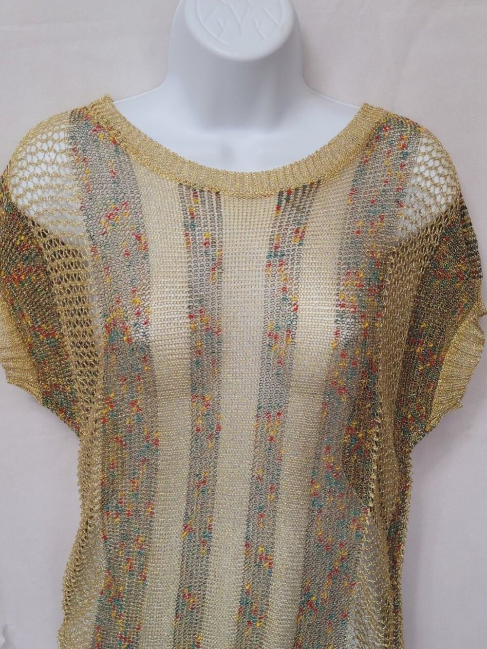 Womens Glitter Mesh Top‎ M Gold Forest Fairy Sheer Party Disco Vtg Y2K Style